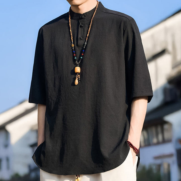 Buddha Stones Chemises d'été décontractées pour hommes, col mandarin, trois boutons, manches courtes, unies - image 8