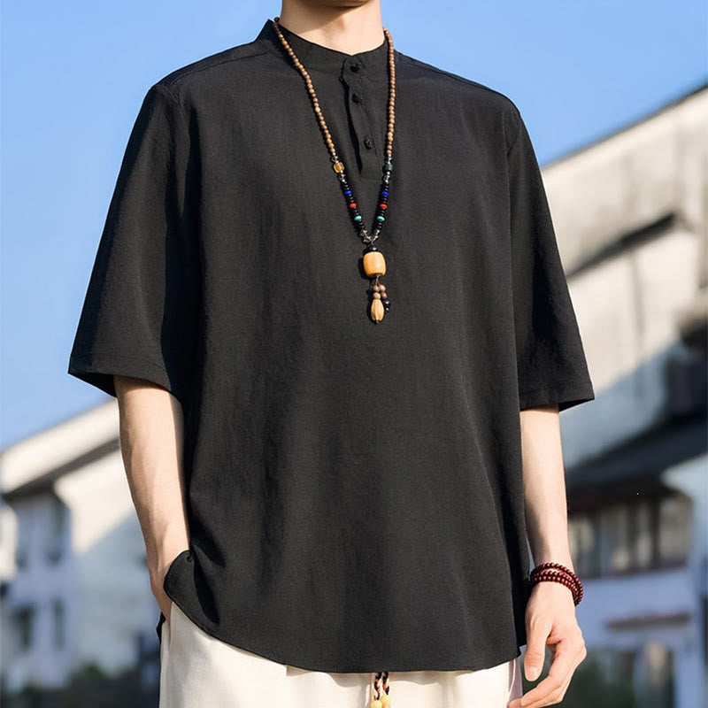 Buddha Stones Chemises d'été décontractées pour hommes, col mandarin, trois boutons, manches courtes, unies - image 12