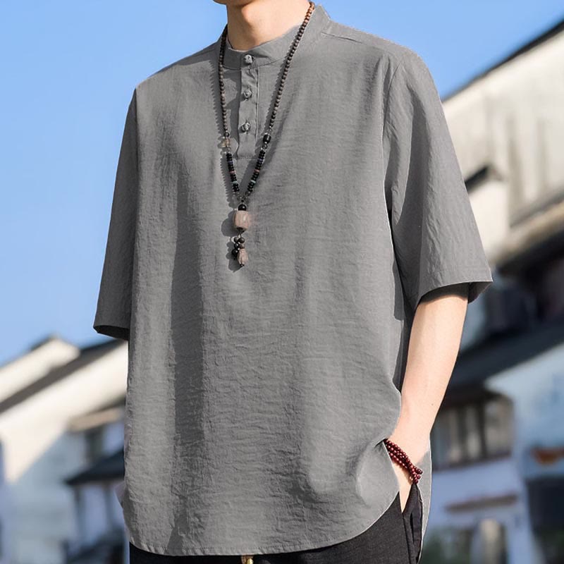 Buddha Stones Chemises d'été décontractées pour hommes, col mandarin, trois boutons, manches courtes, unies - image 16