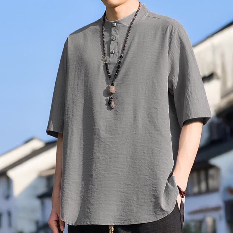 Buddha Stones Chemises d'été décontractées pour hommes, col mandarin, trois boutons, manches courtes, unies - image 17