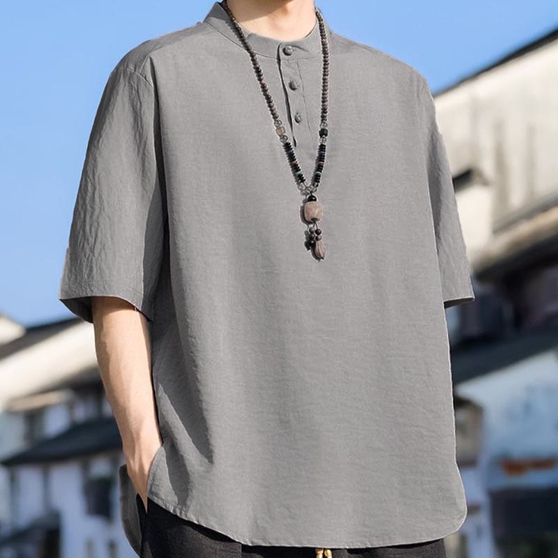 Buddha Stones Chemises d'été décontractées pour hommes, col mandarin, trois boutons, manches courtes, unies - image 15