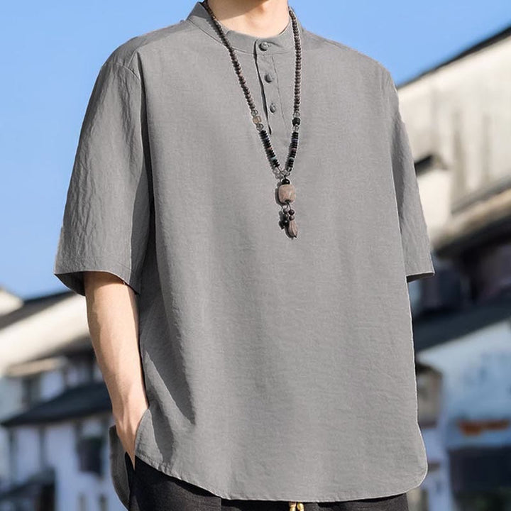Buddha Stones Chemises d'été décontractées pour hommes, col mandarin, trois boutons, manches courtes, unies - image 15