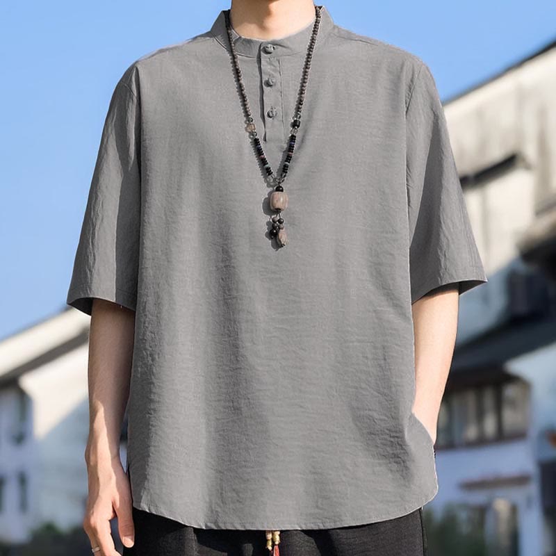 Buddha Stones Chemises d'été décontractées pour hommes, col mandarin, trois boutons, manches courtes, unies - Gris clair - US/UK/AU48, EU58 (5XL) - image 14