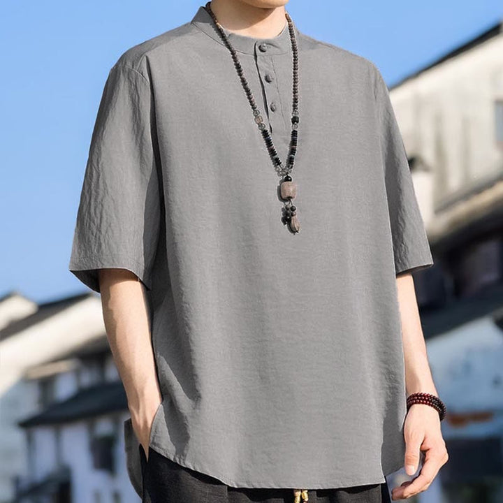 Buddha Stones Chemises d'été décontractées pour hommes, col mandarin, trois boutons, manches courtes, unies - image 21