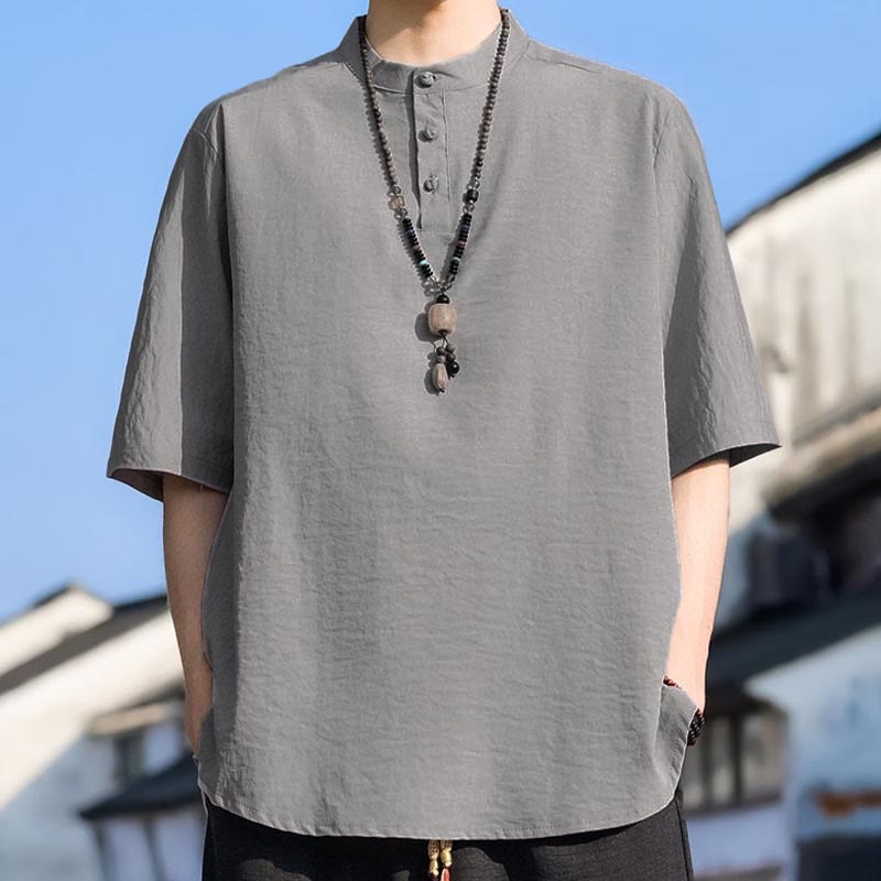 Buddha Stones Chemises d'été décontractées pour hommes, col mandarin, trois boutons, manches courtes, unies - image 19