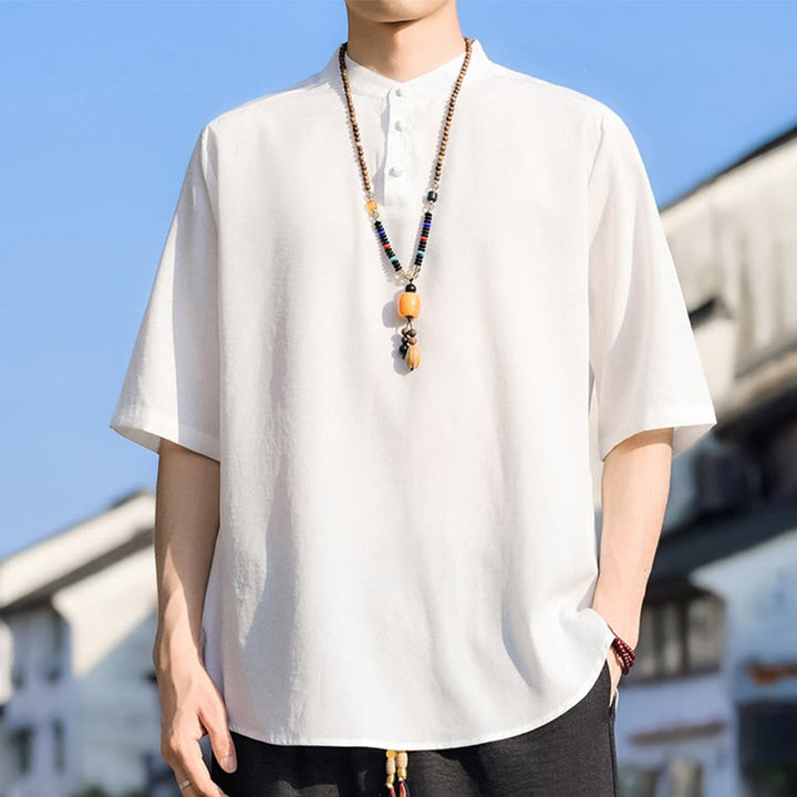 Buddha Stones Chemises d'été décontractées pour hommes, col mandarin, trois boutons, manches courtes, unies - Blanc - US/UK/AU48, EU58 (5XL) - image 22