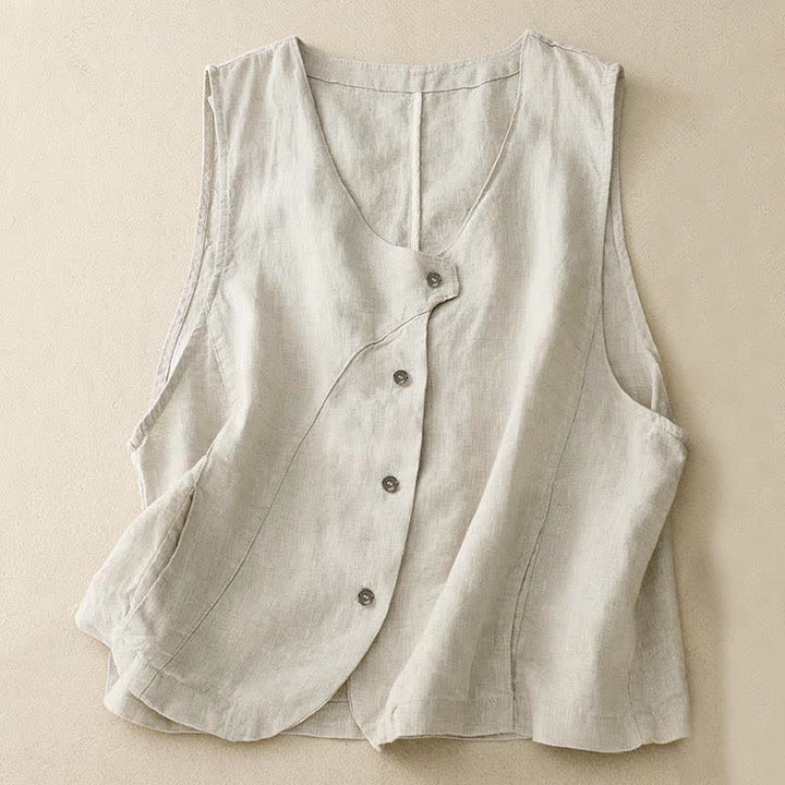 Buddha Stones Débardeur d'été uni à manches longues et poches, style minimaliste et décontracté, avec boutons. - Beige - US12, UK/AU16, EU44 (2XL) - image 0