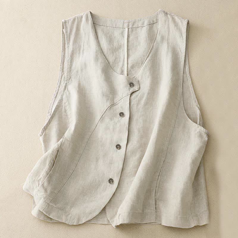 Buddha Stones Débardeur d'été uni à manches longues et poches, style minimaliste et décontracté, avec boutons. - Beige - US12, UK/AU16, EU44 (2XL) - image 0