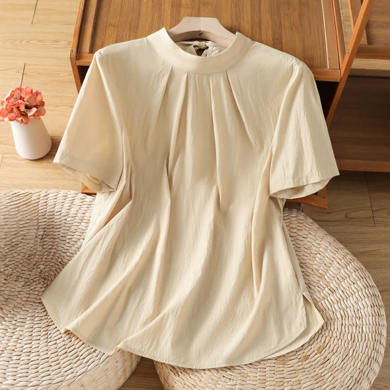 Buddha Stones Chemises d'été à manches courtes pour femmes, col rond, plis sur le devant, lacets et fente latérale unie - Blanc antique - US12, UK/AU16, EU44 (2XL) - image 0