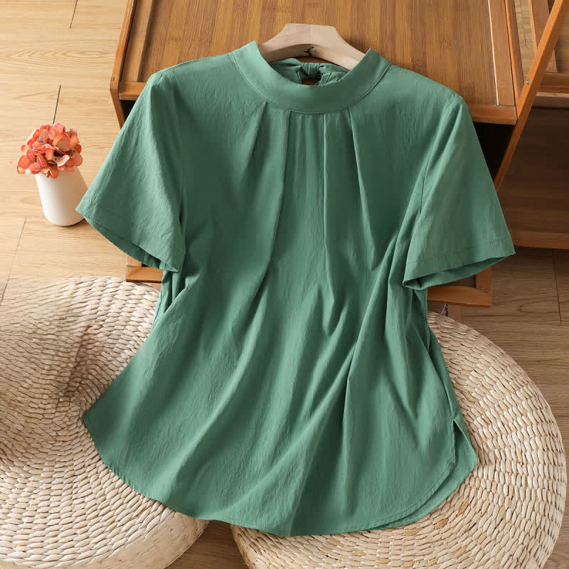 Buddha Stones Chemises d'été à manches courtes pour femmes, col rond, plis sur le devant, lacets et fente latérale unie - Vert mer moyen - US12, UK/AU16, EU44 (2XL) - image 8