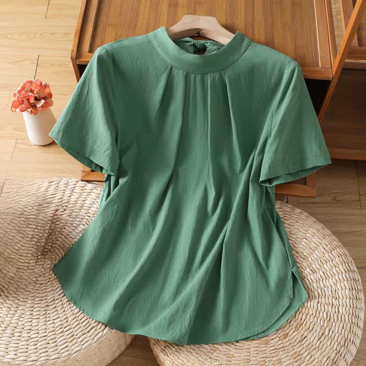 Buddha Stones Chemises d'été à manches courtes pour femmes, col rond, plis sur le devant, lacets et fente latérale unie - Vert mer moyen - US12, UK/AU16, EU44 (2XL) - image 8
