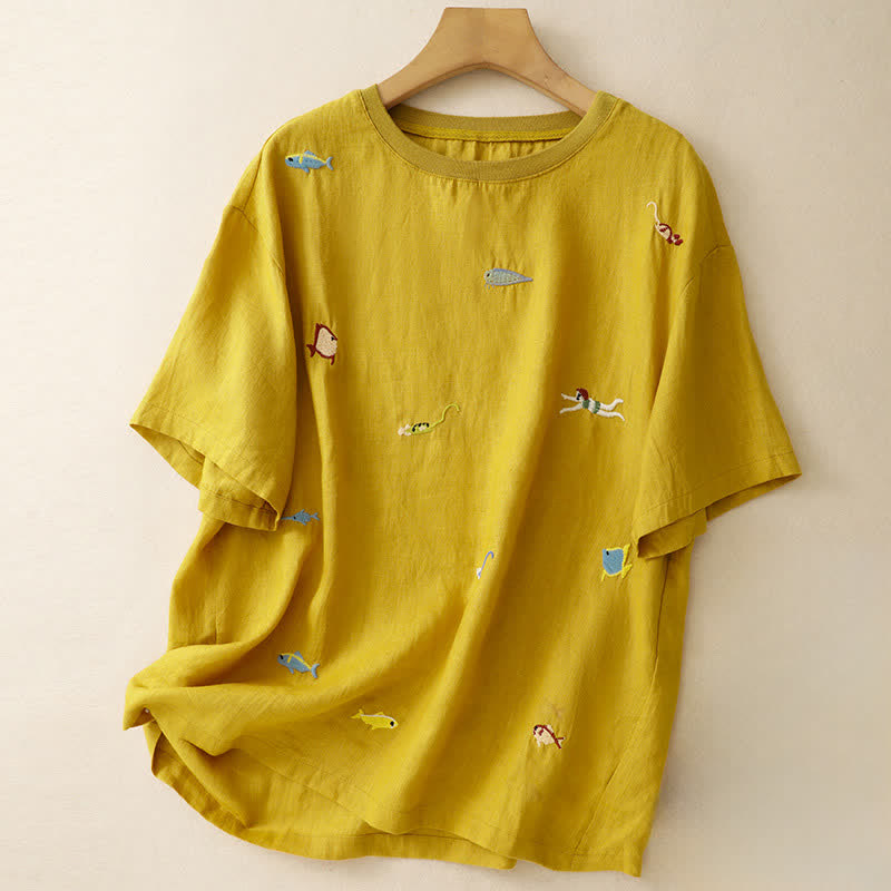 Buddha Stones T-shirts à manches courtes pour femmes, style été décontracté, avec broderie à motif de poisson - verge d'or - US12, UK/AU16, EU44 (2XL) - image 0