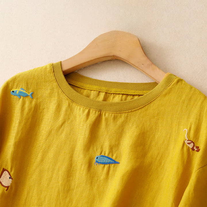 Buddha Stones T-shirts à manches courtes pour femmes, style été décontracté, avec broderie à motif de poisson - image 2