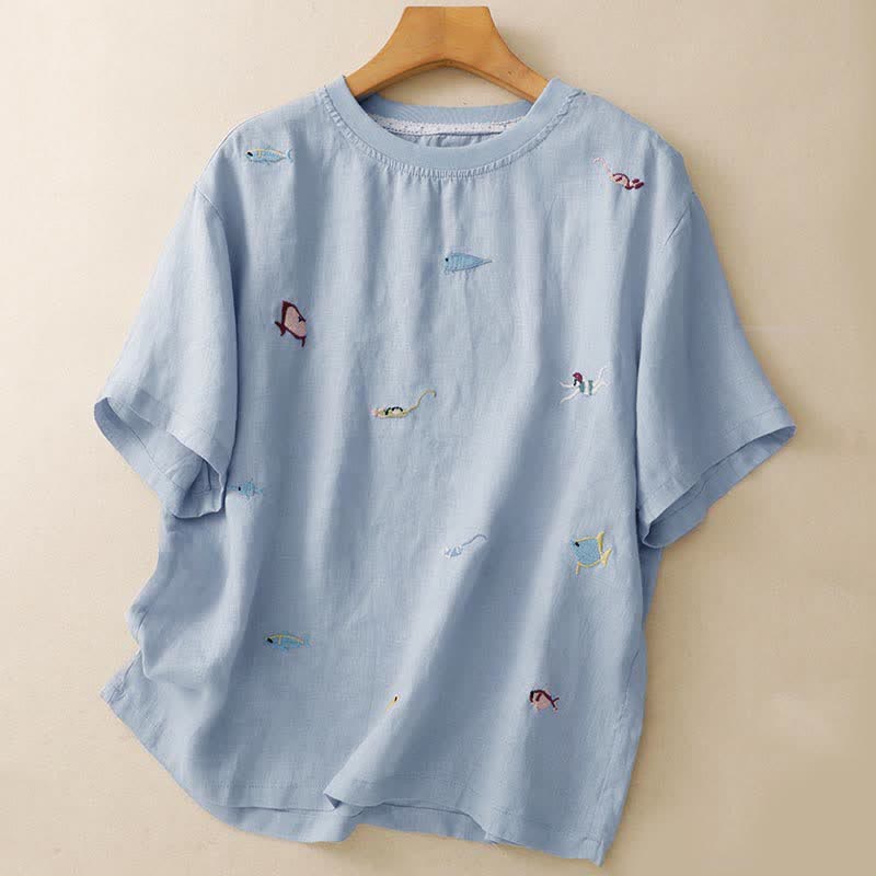Buddha Stones T-shirts à manches courtes pour femmes, style été décontracté, avec broderie à motif de poisson - Bleu ciel clair - US12, UK/AU16, EU44 (2XL) - image 10
