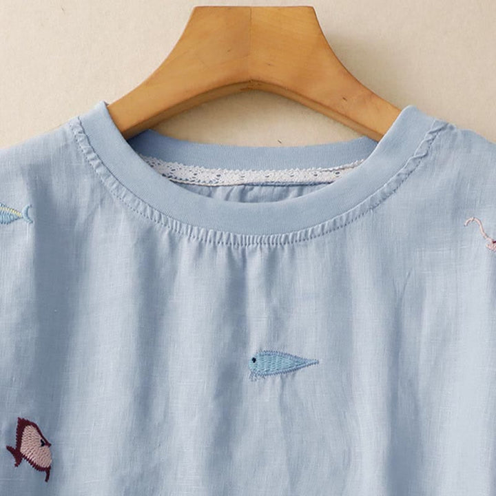 Buddha Stones T-shirts à manches courtes pour femmes, style été décontracté, avec broderie à motif de poisson - image 11