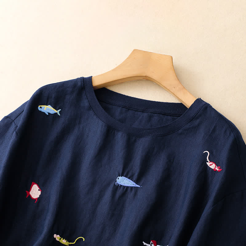 Buddha Stones T-shirts à manches courtes pour femmes, style été décontracté, avec broderie à motif de poisson - image 17