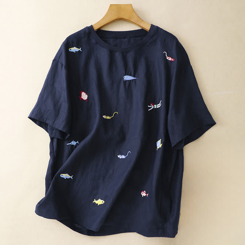 Buddha Stones T-shirts à manches courtes pour femmes, style été décontracté, avec broderie à motif de poisson - Marine - US12, UK/AU16, EU44 (2XL) - image 16