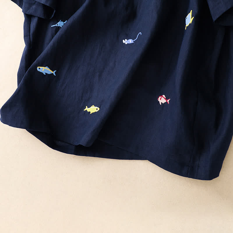 Buddha Stones T-shirts à manches courtes pour femmes, style été décontracté, avec broderie à motif de poisson - image 20