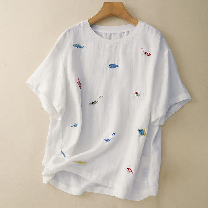 Buddha Stones T-shirts à manches courtes pour femmes, style été décontracté, avec broderie à motif de poisson - Blanc - US12, UK/AU16, EU44 (2XL) - image 22