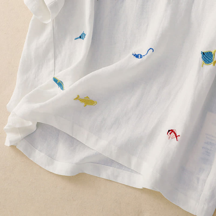 Buddha Stones T-shirts à manches courtes pour femmes, style été décontracté, avec broderie à motif de poisson - image 24
