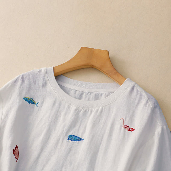 Buddha Stones T-shirts à manches courtes pour femmes, style été décontracté, avec broderie à motif de poisson - image 23