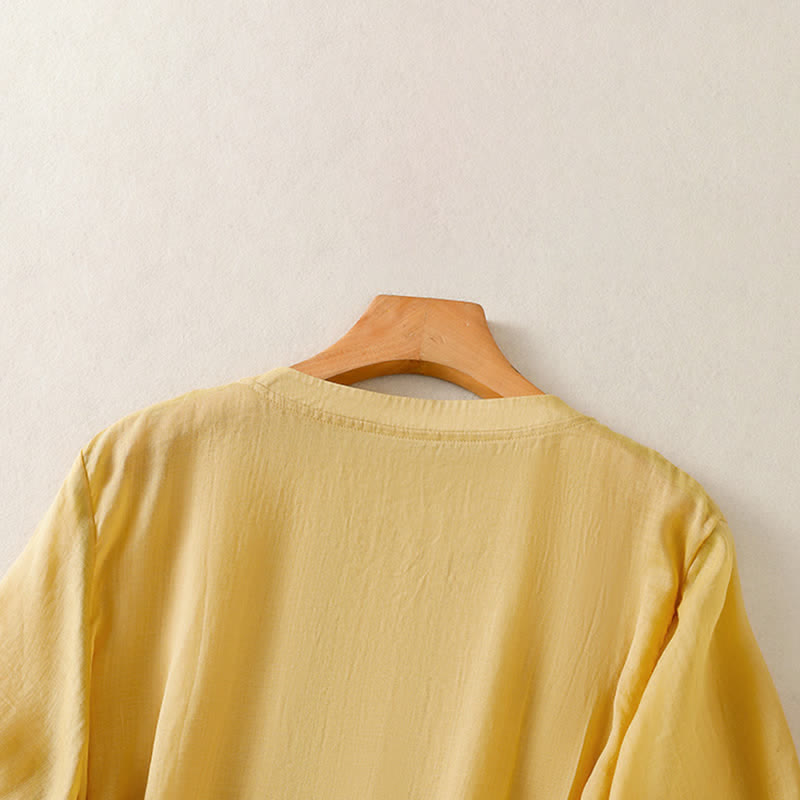 Buddha Stones T-shirts d'été décontractés pour femmes, à manches courtes, brodés, plissés sur le devant - image 4