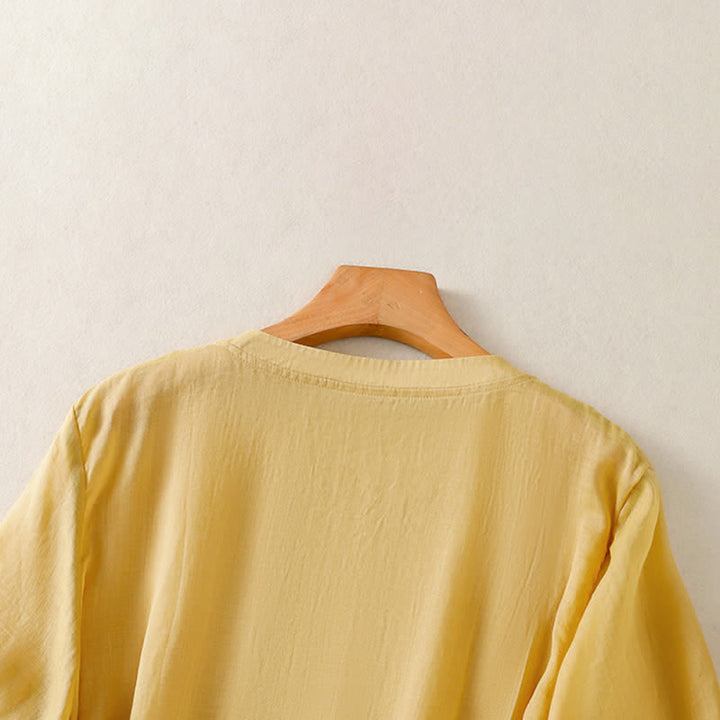 Buddha Stones T-shirts d'été décontractés pour femmes, à manches courtes, brodés, plissés sur le devant - image 4