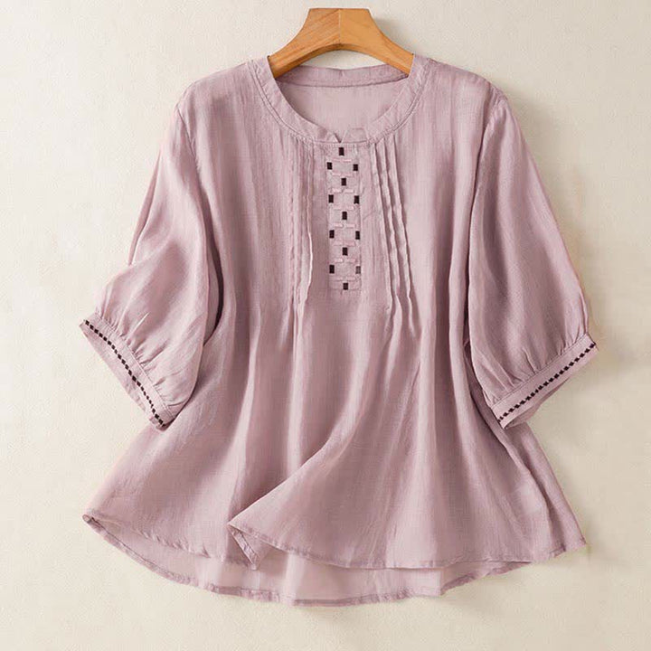 Buddha Stones T-shirts d'été décontractés pour femmes, à manches courtes, brodés, plissés sur le devant - Chardon - US12, UK/AU16, EU44 (2XL) - image 8