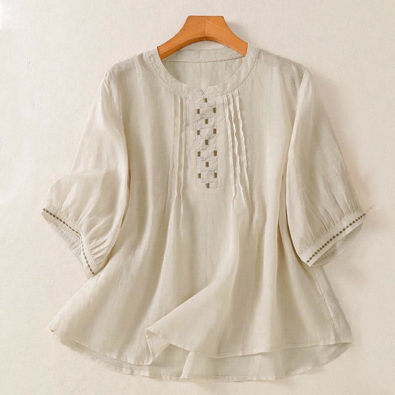 Buddha Stones T-shirts d'été décontractés pour femmes, à manches courtes, brodés, plissés sur le devant - Blanc antique - US12, UK/AU16, EU44 (2XL) - image 15