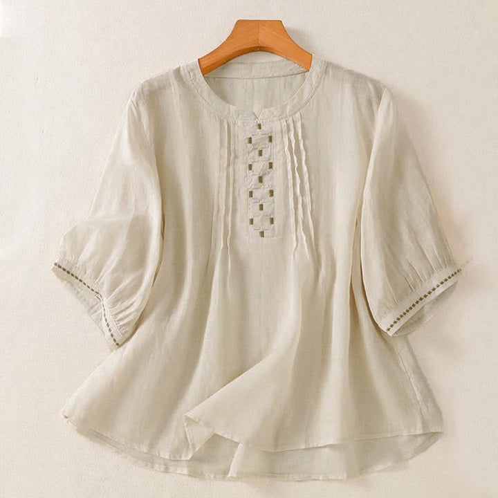 Buddha Stones T-shirts d'été décontractés pour femmes, à manches courtes, brodés, plissés sur le devant - Blanc antique - US12, UK/AU16, EU44 (2XL) - image 15