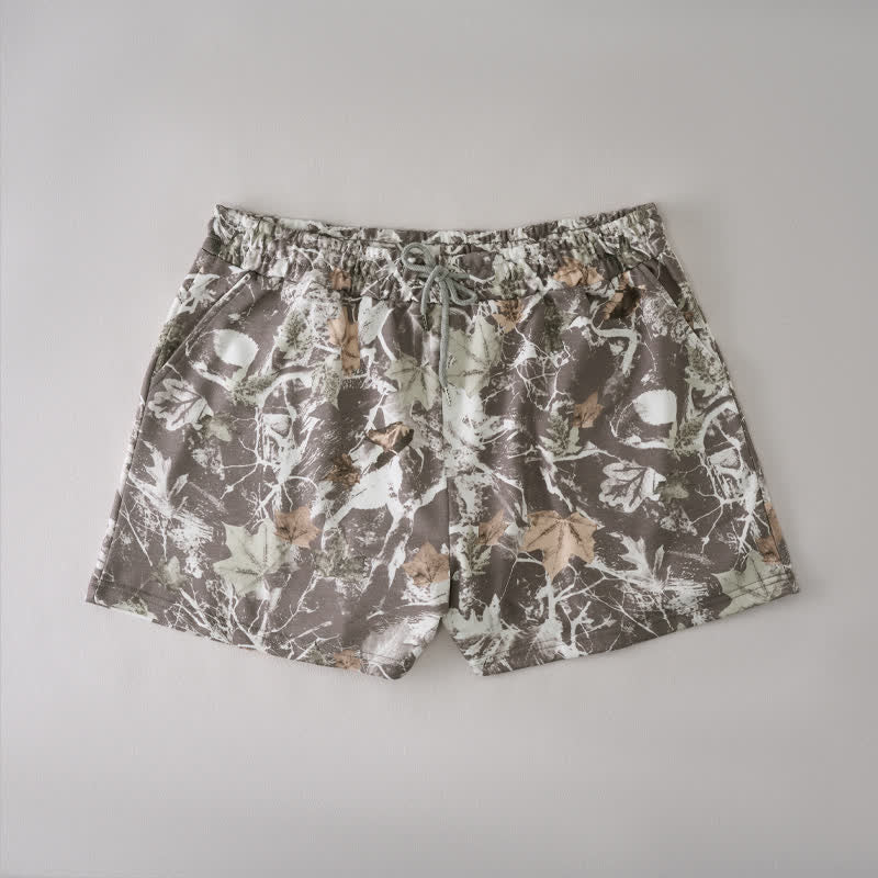Buddha Stones Short d'été décontracté pour femme avec cordon de serrage, motif feuille d'érable abstraite et poches - Terre de sienne - US12，UK/AU16，EU44 (2XL) - image 0