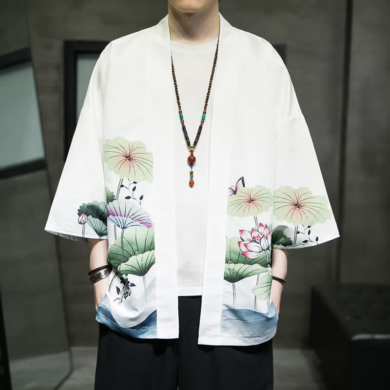 Buddha Stones Kimono d'été décontracté pour homme, imprimé feuilles de lotus, papillons et grues, ouvert sur le devant - image 4