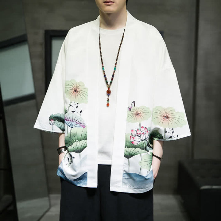 Buddha Stones Kimono d'été décontracté pour homme, imprimé feuilles de lotus, papillons et grues, ouvert sur le devant - Blanc - US/UK/AU48, EU58 (5XL) - image 0