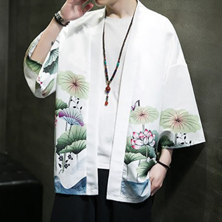Buddha Stones Kimono d'été décontracté pour homme, imprimé feuilles de lotus, papillons et grues, ouvert sur le devant - image 6