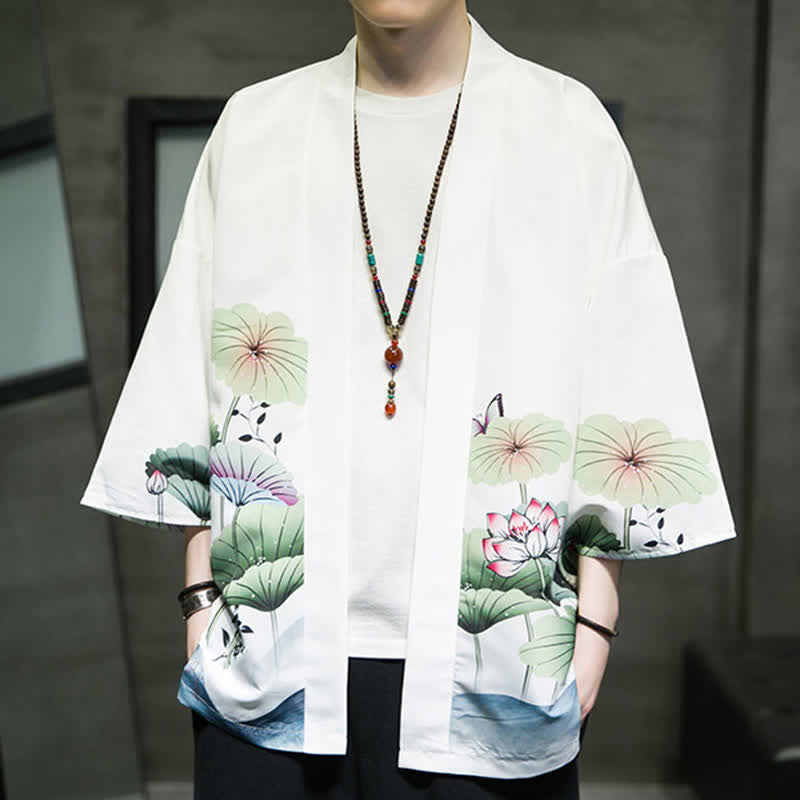 Buddha Stones Kimono d'été décontracté pour homme, imprimé feuilles de lotus, papillons et grues, ouvert sur le devant - image 1