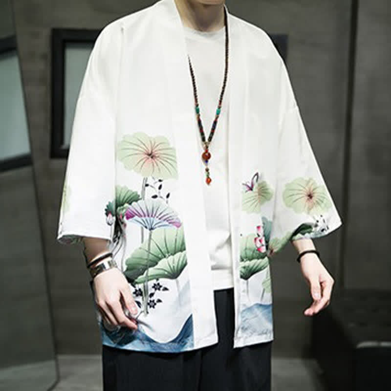 Buddha Stones Kimono d'été décontracté pour homme, imprimé feuilles de lotus, papillons et grues, ouvert sur le devant - image 2