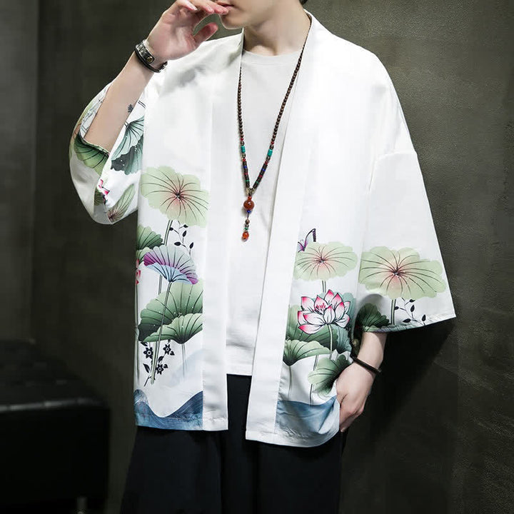 Buddha Stones Kimono d'été décontracté pour homme, imprimé feuilles de lotus, papillons et grues, ouvert sur le devant - image 5