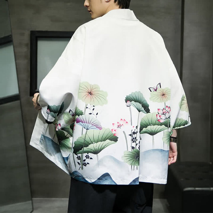 Buddha Stones Kimono d'été décontracté pour homme, imprimé feuilles de lotus, papillons et grues, ouvert sur le devant - image 3