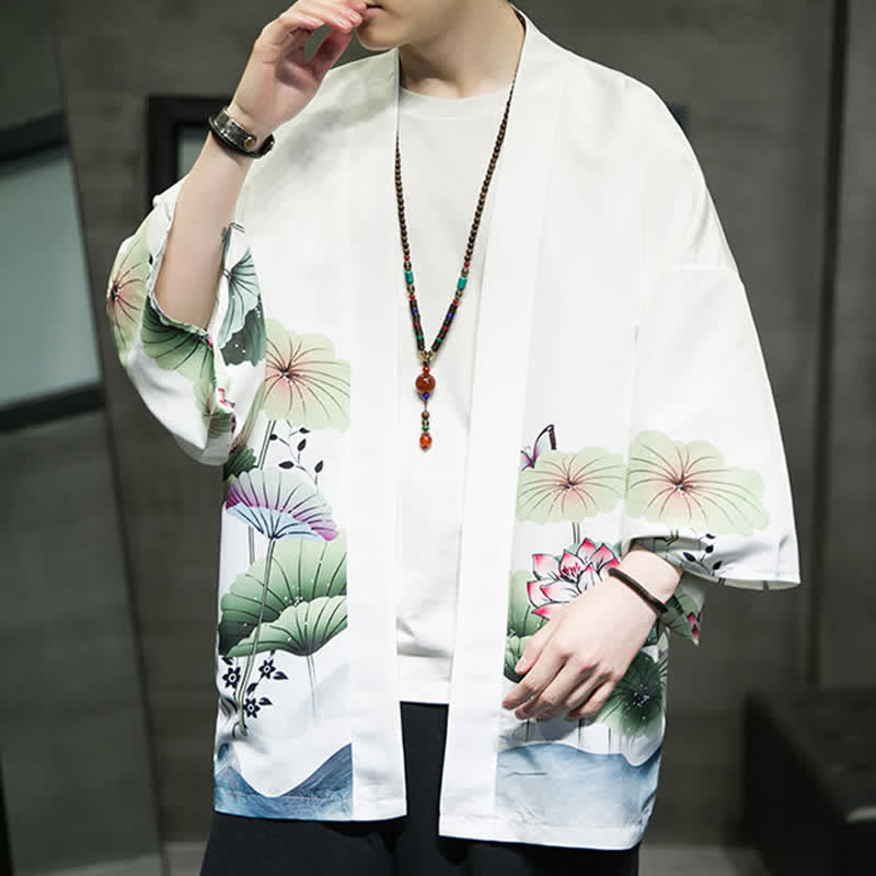Buddha Stones Kimono d'été décontracté pour homme, imprimé feuilles de lotus, papillons et grues, ouvert sur le devant - image 10
