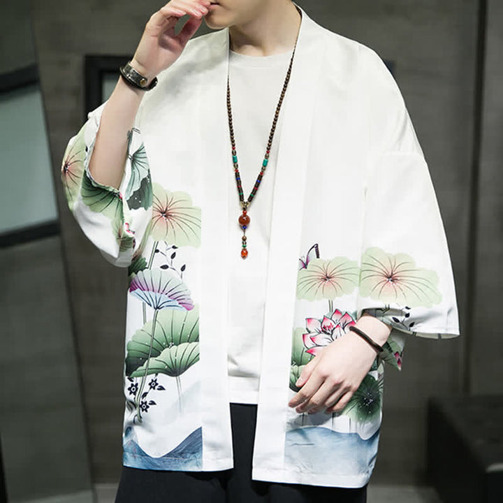 Buddha Stones Kimono d'été décontracté pour homme, imprimé feuilles de lotus, papillons et grues, ouvert sur le devant - image 10