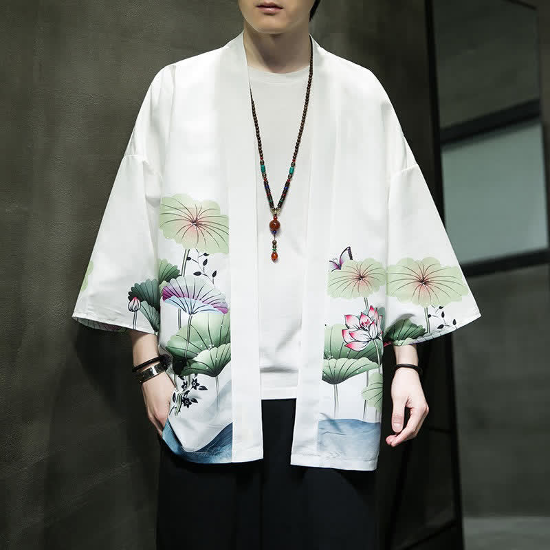 Buddha Stones Kimono d'été décontracté pour homme, imprimé feuilles de lotus, papillons et grues, ouvert sur le devant - image 7