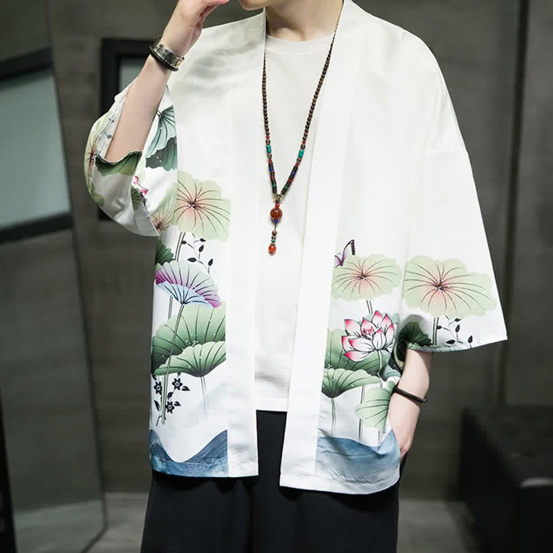 Buddha Stones Kimono d'été décontracté pour homme, imprimé feuilles de lotus, papillons et grues, ouvert sur le devant - image 9