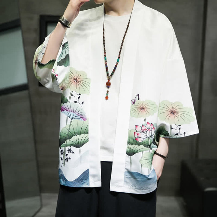 Buddha Stones Kimono d'été décontracté pour homme, imprimé feuilles de lotus, papillons et grues, ouvert sur le devant - image 9