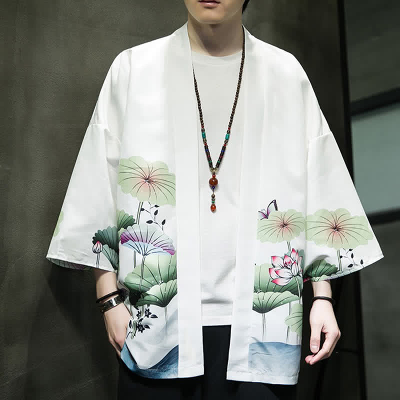 Buddha Stones Kimono d'été décontracté pour homme, imprimé feuilles de lotus, papillons et grues, ouvert sur le devant - image 11