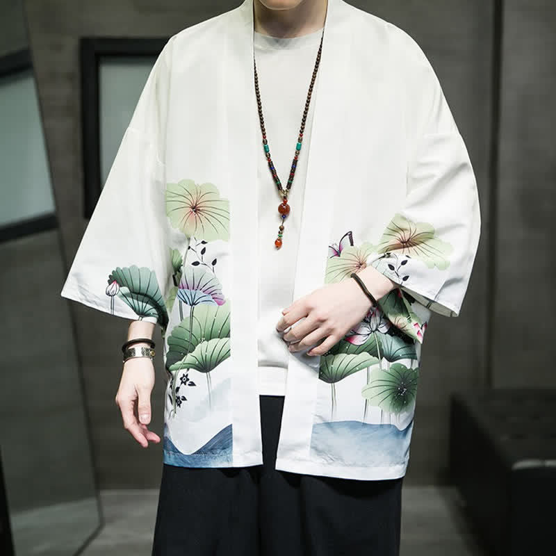 Buddha Stones Kimono d'été décontracté pour homme, imprimé feuilles de lotus, papillons et grues, ouvert sur le devant - image 8