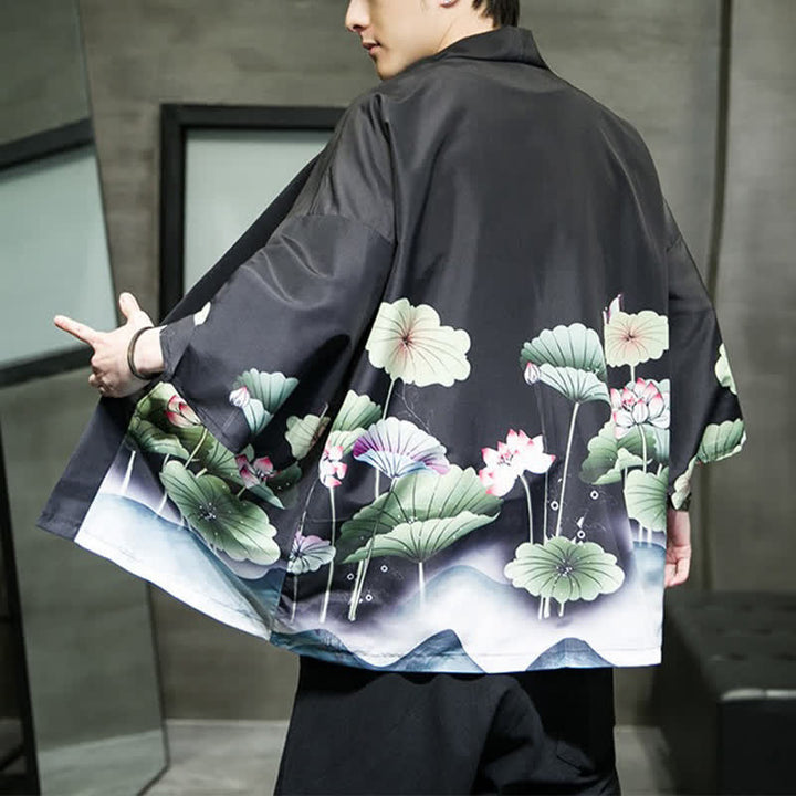 Buddha Stones Kimono d'été décontracté pour homme, imprimé feuilles de lotus, papillons et grues, ouvert sur le devant - image 16