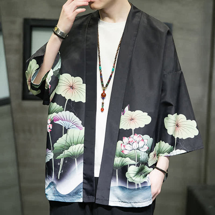 Buddha Stones Kimono d'été décontracté pour homme, imprimé feuilles de lotus, papillons et grues, ouvert sur le devant - image 14