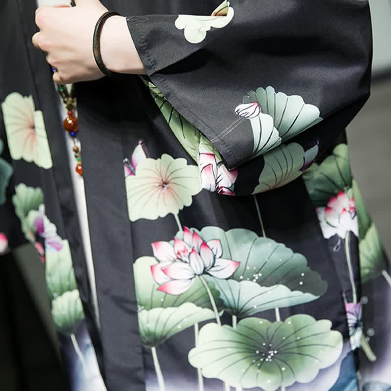 Buddha Stones Kimono d'été décontracté pour homme, imprimé feuilles de lotus, papillons et grues, ouvert sur le devant - image 22