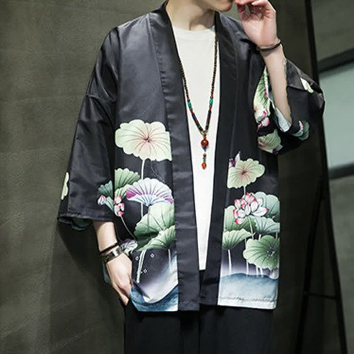 Buddha Stones Kimono d'été décontracté pour homme, imprimé feuilles de lotus, papillons et grues, ouvert sur le devant - image 13