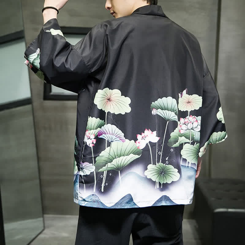 Buddha Stones Kimono d'été décontracté pour homme, imprimé feuilles de lotus, papillons et grues, ouvert sur le devant - image 20